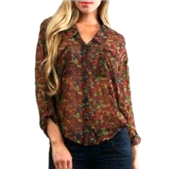 Free People Tops - Free People Womens L Flowy Flowery Semi Sheer Button Shirt/Tunic